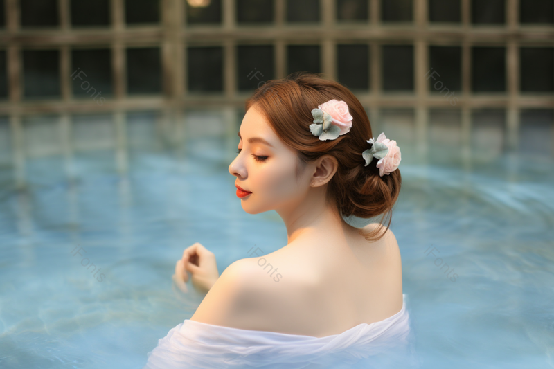 女性泡温泉头上带花的美女在泡温泉摄影真实,高清,摄影图,摄影图片,图片大全,摄影图免费下载